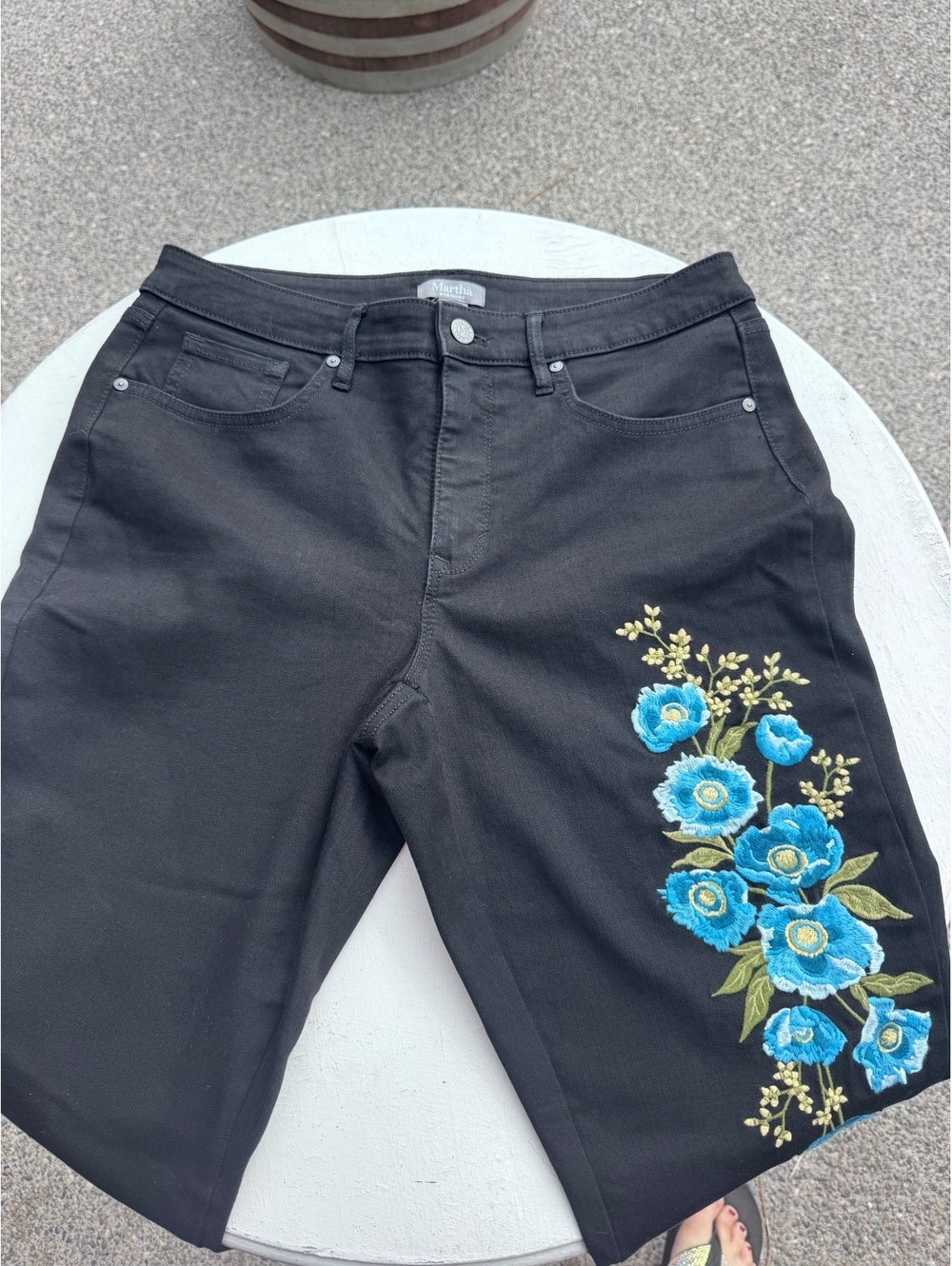 Martha Womens Black Jeans Blue Floral Embroidered Skinny Straight Boho Western
